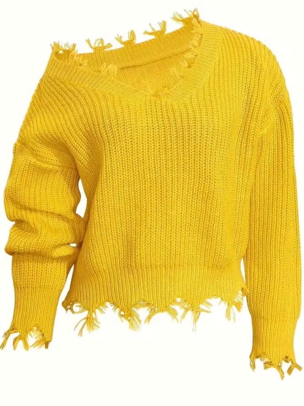 Frayed Hem Yellow Crewneck Sweater - Women